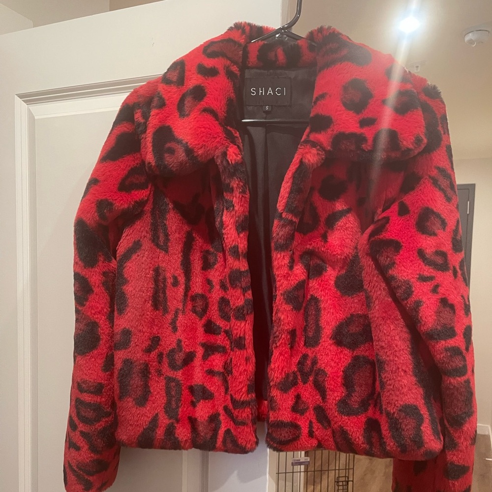 Shaci cheetah red and black fur jacket- size small